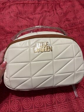 Steve Madden Cream Quilted Make Up Case with Gold Logo
